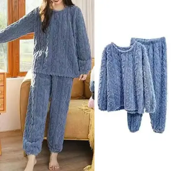 пижама комплект стилен комфортен зимен пижам топъл плюшен комплект спално облекло от 2 части за жени за есен зима зимен пижамен комплект